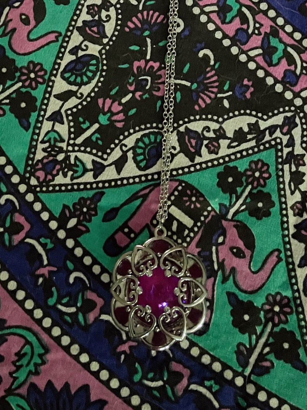 Silver Filigree Heart Pendant Necklace with Purple Gem